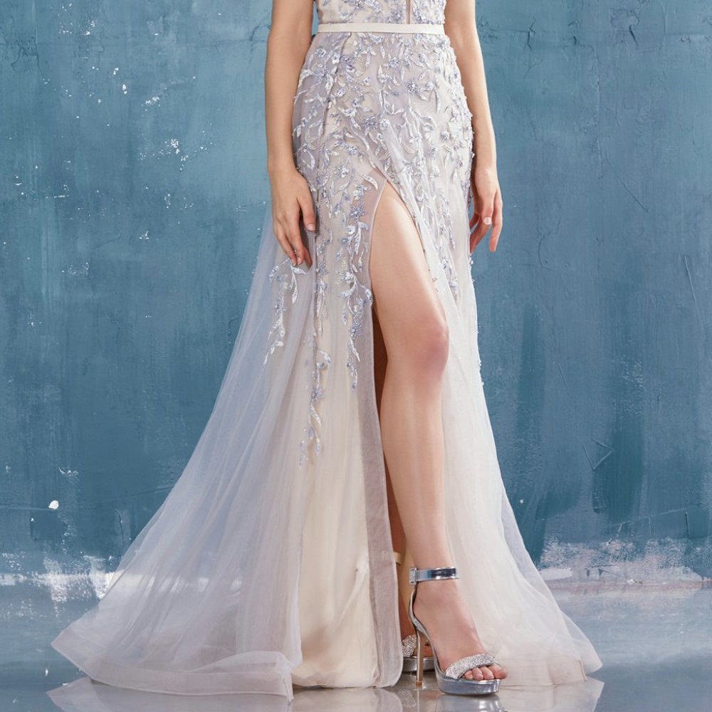 BEADED LACE V-NECK FIT AND FLARE GOWN W/SLIT 0817 - Picture 9 of 9